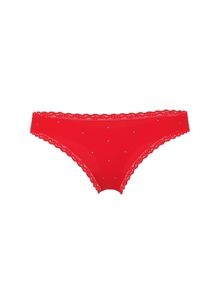 Victoria's Secret, Lace Trim Cotton Lace-Trim Sparkle Thong Panty, Lipstick, offModelFront, 3 of 3