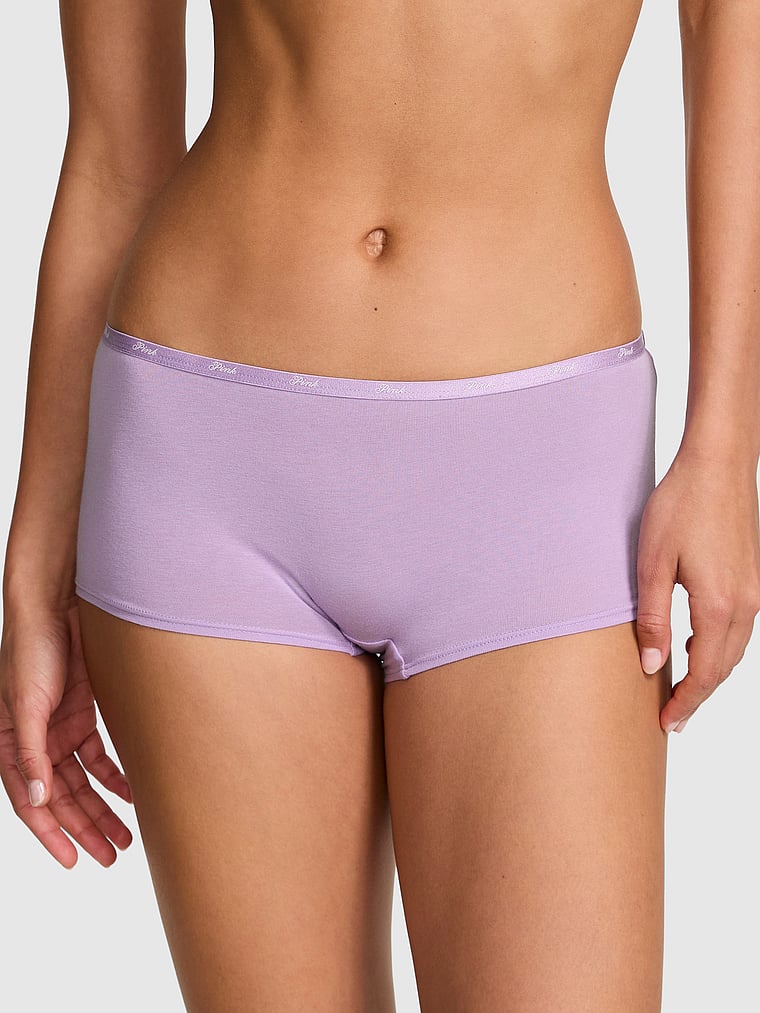 PINK Logo Cotton Boyshort Panty, Aster Lips Diamante Graphic, onModelFront, 1 of 4 Rae is 5'10" and wears Small