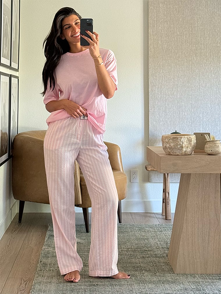 Victoria's Secret, Victoria's Secret Flannel Short-Sleeve Long Tee-Jama Set, Core Lurex Stripe Coconut White/Pretty Blossom, offModelBack, 4 of 4