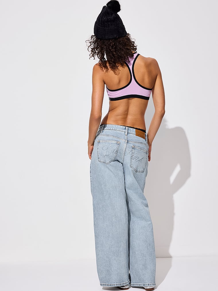 PINK Denim by PINK Mid-Rise Baggy Wide-Leg Jeans, Skyline Wash Love Pink Diamante, featured, 4 of 4 Taylor is 5'8" and wears Small