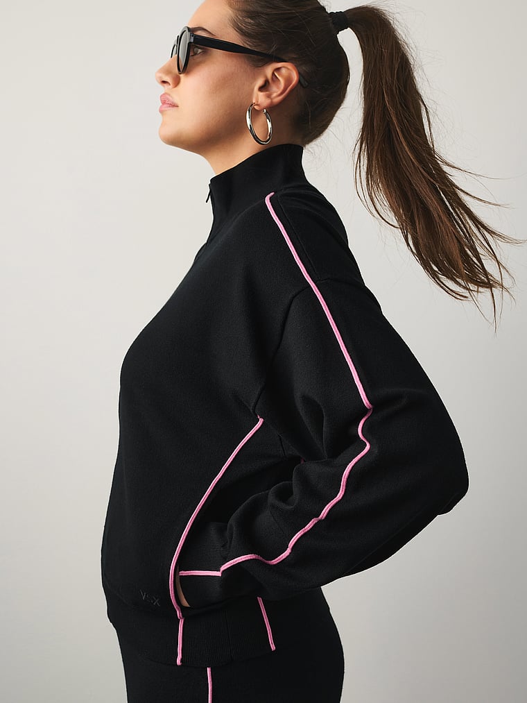 Victoria's Secret, VSX Tipped Knit Full-Zip Sweater, Black & Pink, onModelSide, 4 of 4 Lorena is 5'9" and wears Large