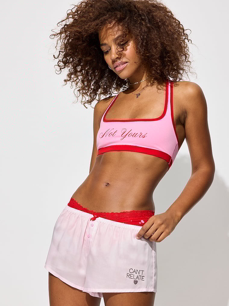 PINK Sweet Dreams Silky Pajama Micro Shorts, Pink Tulip "Can't Relate" Diamante, onModelFront, 1 of 4