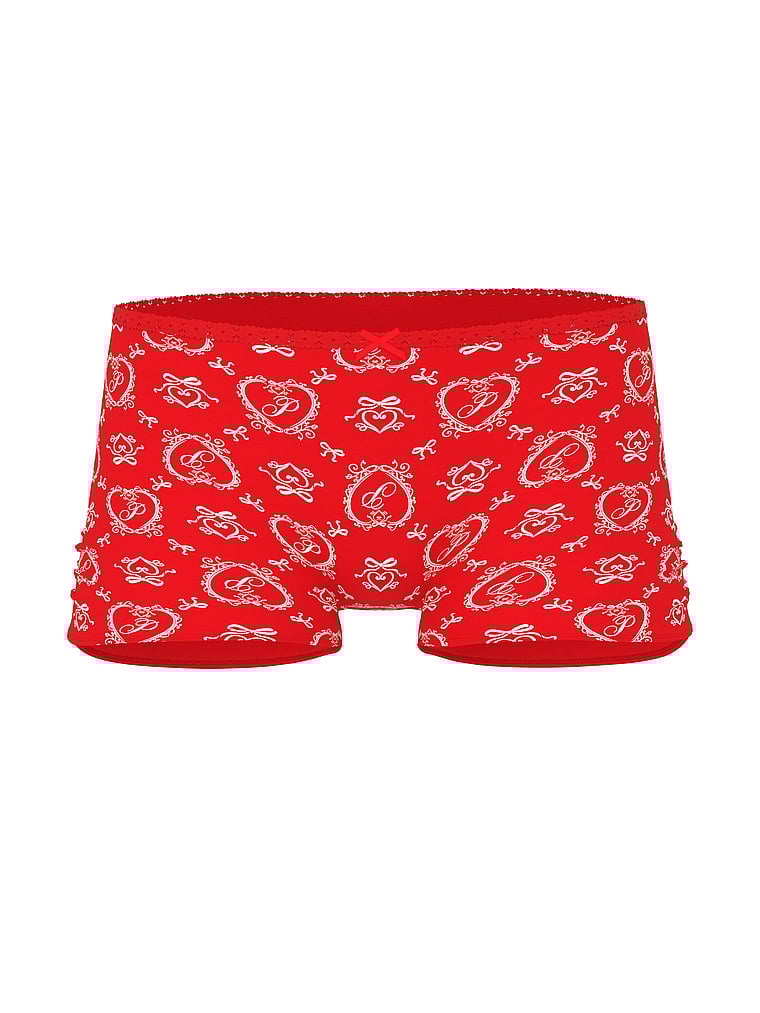 PINK Cotton Dorm Boyshort Panty, Bright Vermillion Doile Print, offModelFront, 3 of 3