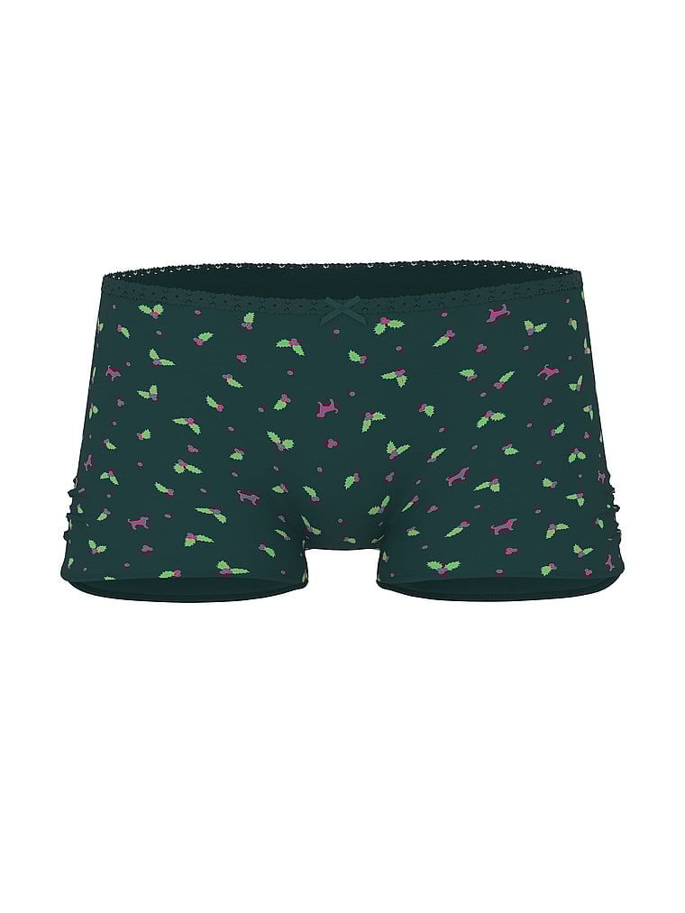 PINK Cotton Dorm Boyshort Panty, Deep Forest Holly Print with Deep Forest Lace, offModelFront, 3 of 3