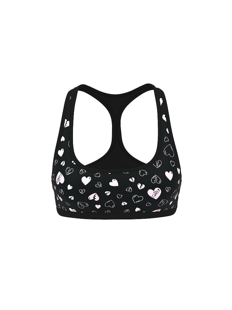 PINK Cotton Dorm Unlined Racerback Bralette, Black Heart Breaker Print, offModelFront, 3 of 3