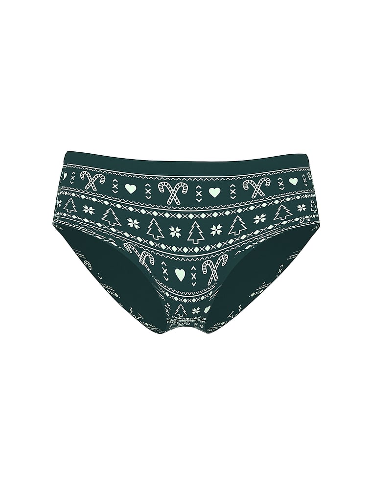 PINK Seamless Hiphugger Panty, Deep Forest Green Holly-Daze Print, offModelFront, 3 of 3