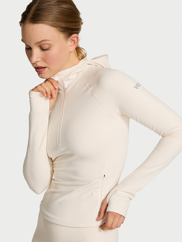 Victoria's Secret, VSX VSX WinterTech™ Hooded Half-Zip Jacket, Swan Ivory, onModelFront, 1 of 4 Lotta is 5'10" or 178cm and wears Small