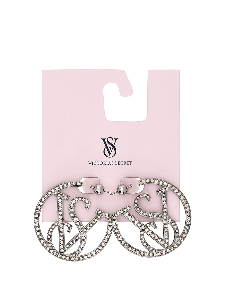 Victoria's Secret, Victoria's Secret VS Monogram Diamanté Hoop Earrings, Silver Diamante, detail, 3 of 3