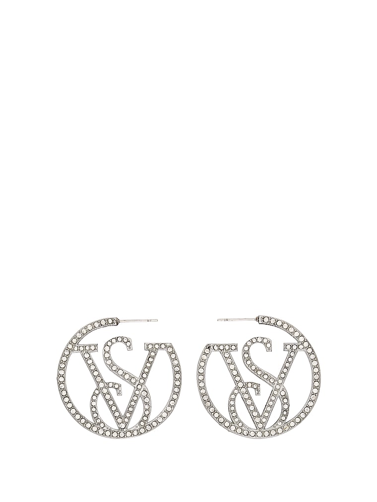 Victoria's Secret, Victoria's Secret VS Monogram Diamanté Hoop Earrings, Silver Diamante, offModelFront, 1 of 3