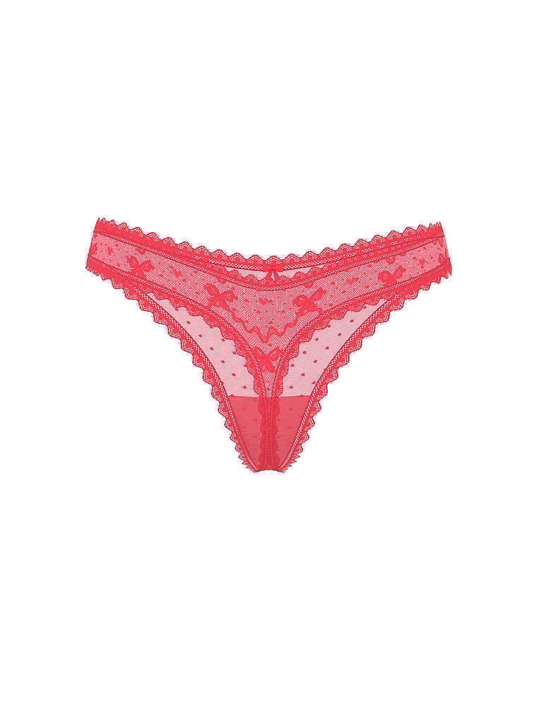 Victoria's Secret, The Lacie Bow Lace Mesh Thong Panty, Poppy, offModelFront, 3 of 3