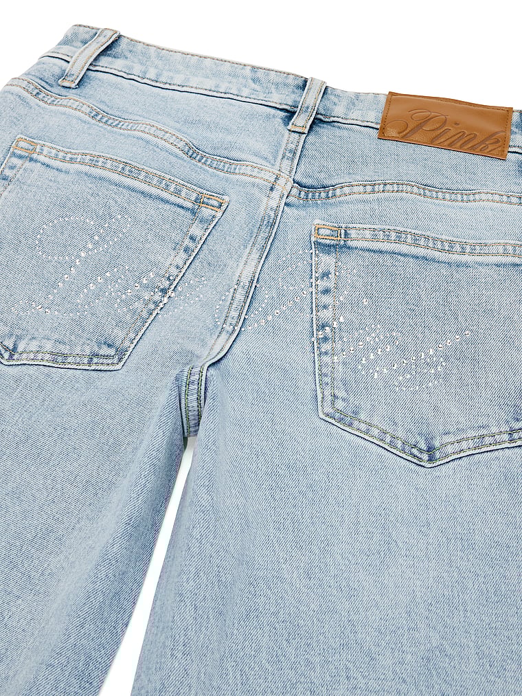 PINK Denim by PINK Mid-Rise Baggy Wide-Leg Jeans, Skyline Wash Love Pink Diamante, detail, 3 of 4