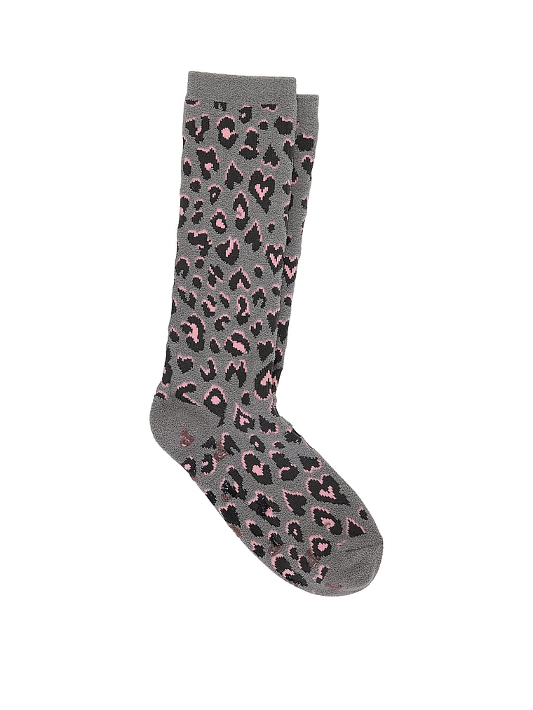 PINK Cozy Crew Socks, Grey Leopard, offModelFront, 1 of 2