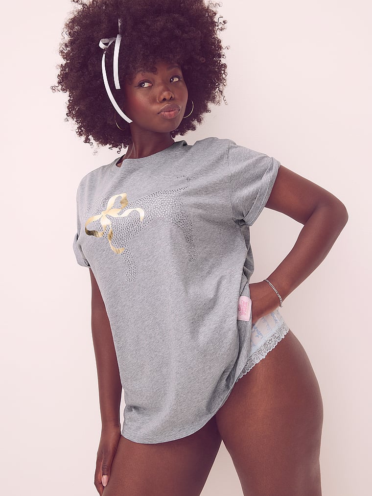 PINK X LoveShackFancy PINK x LoveShackFancy Campus Cotton Tee, VS Medium Heather Grey, featured, 5 of 5 Fanta is 5'11" or 180cm and wears Medium