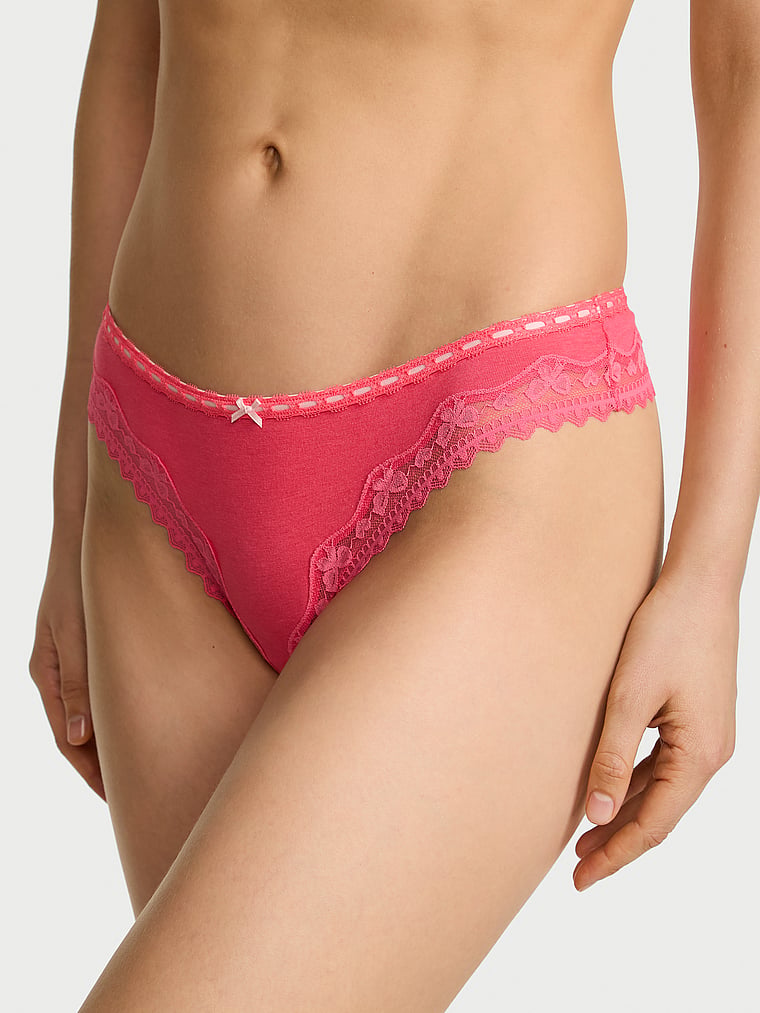 Victoria's Secret, Lace Trim Cotton Lace-Waist Thong, Poppy, onModelFront, 1 of 3 Lotta is 5'10" and wears Small