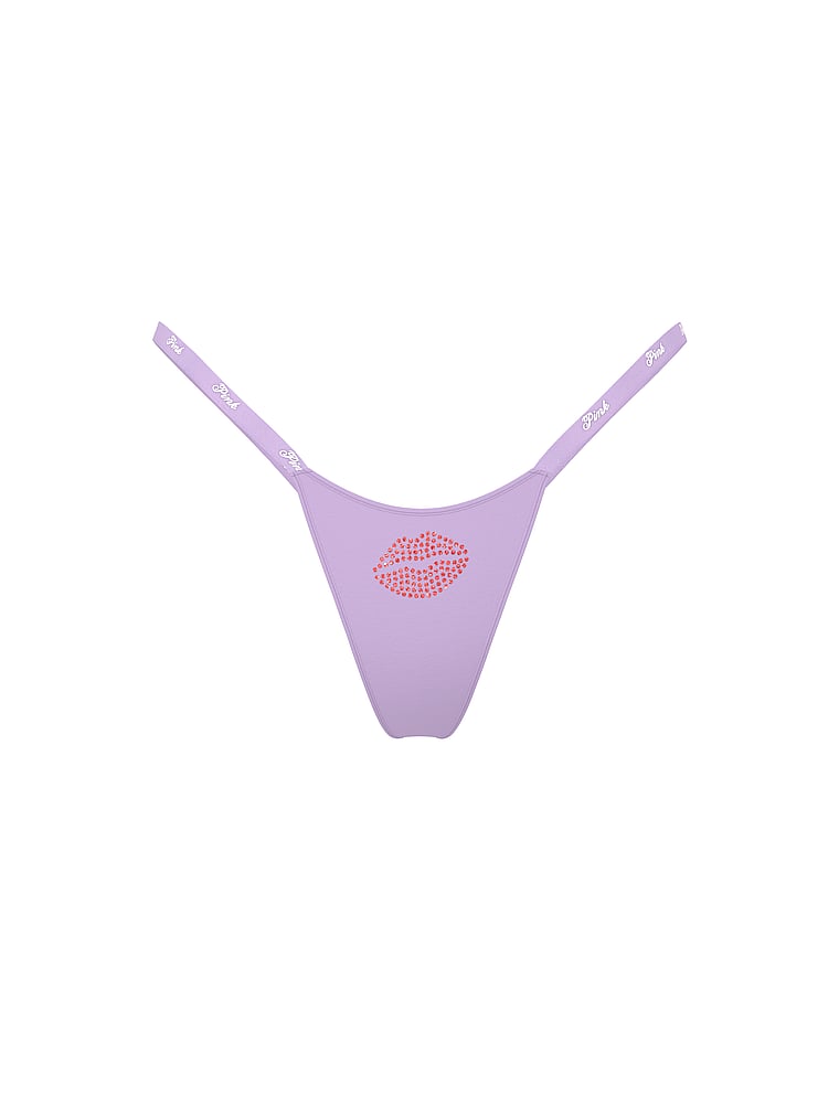 PINK Logo Cotton String Micro Thong Panty, Aster Lips Diamante Graphic, offModelFront, 3 of 3