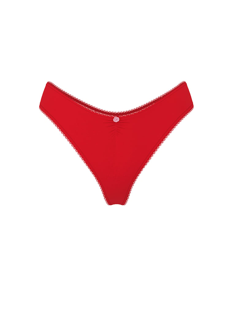 Victoria's Secret, Victoria's Secret Stretch Cotton Heart Lace High-Leg Scoop Thong Panty, Lipstick, offModelFront, 3 of 3