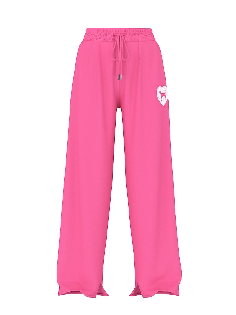 PINK Ivy Fleece Wide-Leg Split-Hem Sweatpants, Pink Fire Puppy Day, offModelFront, 3 of 3