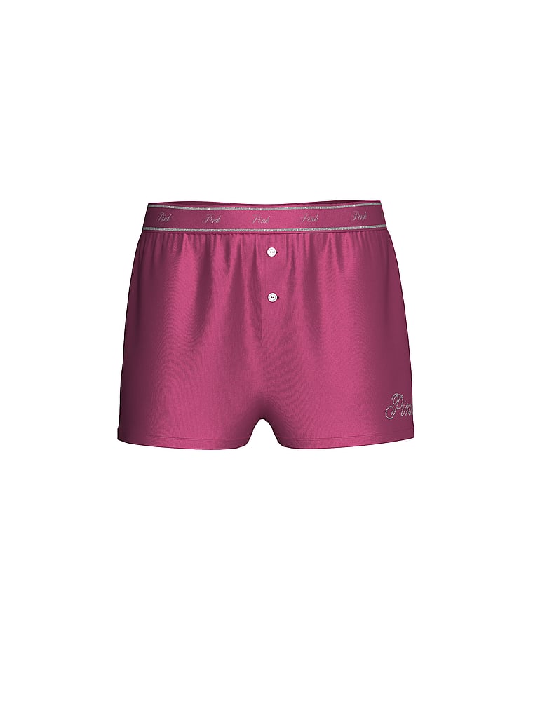 PINK Silky Sleep Boxy Pajama Shorts, Limited Edition Red Violet "Pink" Graphic, offModelFront, 3 of 4