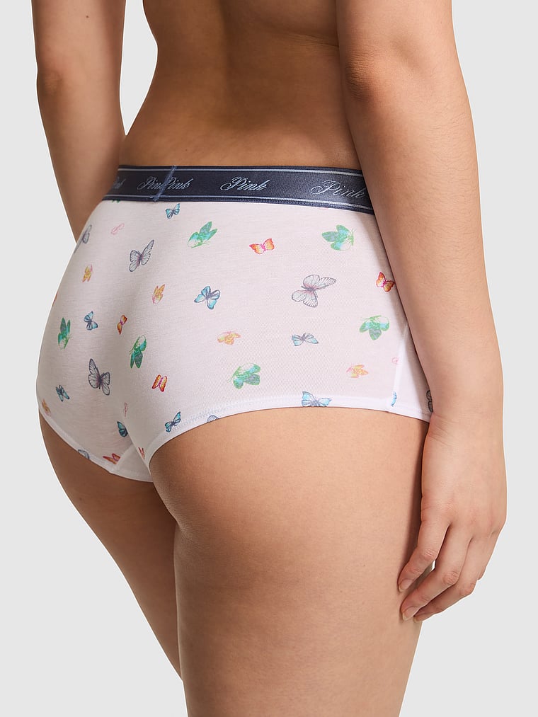 PINK Logo Cotton Boyshort Panty, White Multicolor Butterfly, onModelBack, 2 of 3 Gloria is 5'9" and wears Small