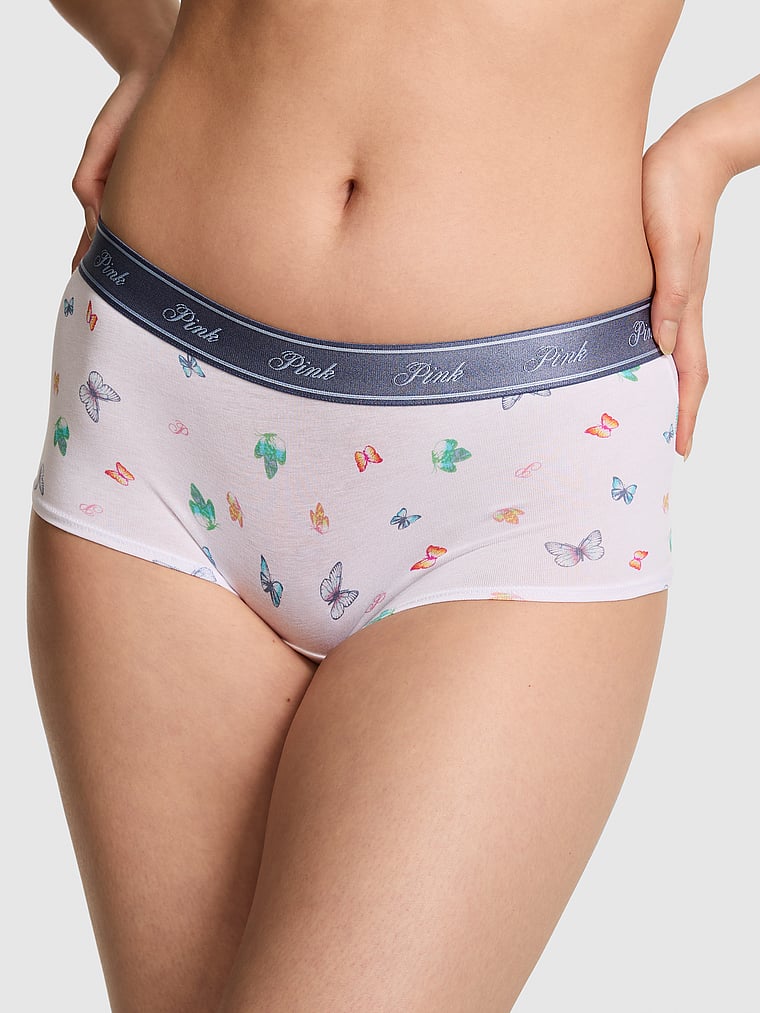 PINK Logo Cotton Boyshort Panty, White Multicolor Butterfly, onModelFront, 1 of 3 Gloria is 5'9" and wears Small
