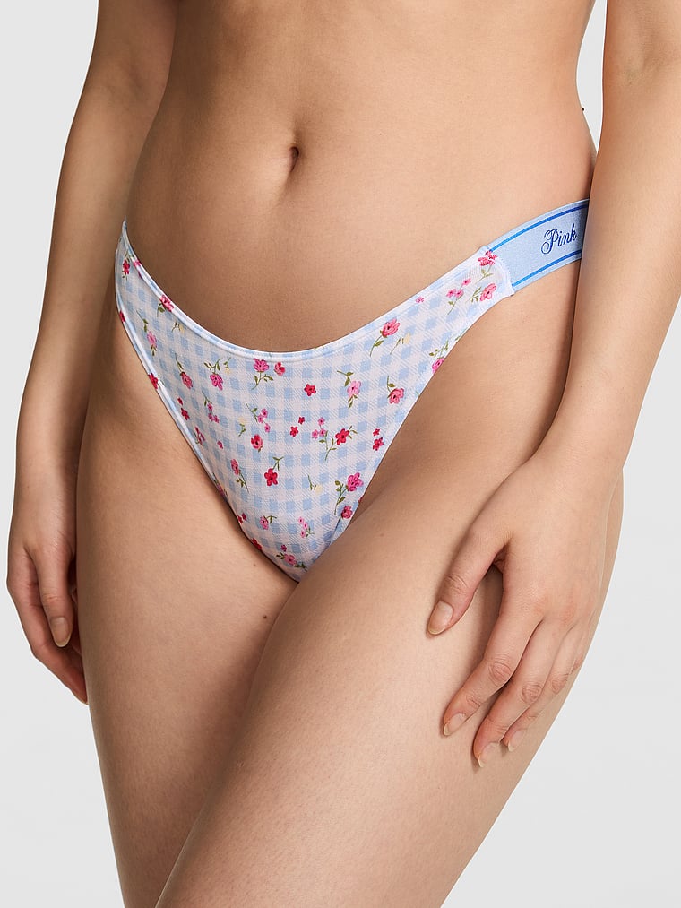 PINK Logo Thong Panty, Blue Dancer Gingham Floral Print, onModelFront, 1 of 3 Gloria is 5'9" and wears Small