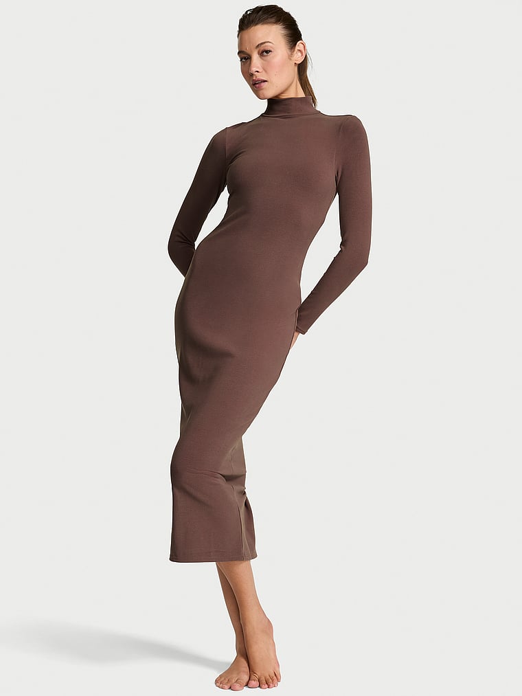 Victoria's Secret, Victoria's Secret Shapewear by Victoria Smoothing Rib Long-Sleeve Turtleneck Maxi Dress, Coconut Brown, onModelFront, 1 of 3 Kennidy is 5'11" or 180cm and wears 34B or Small