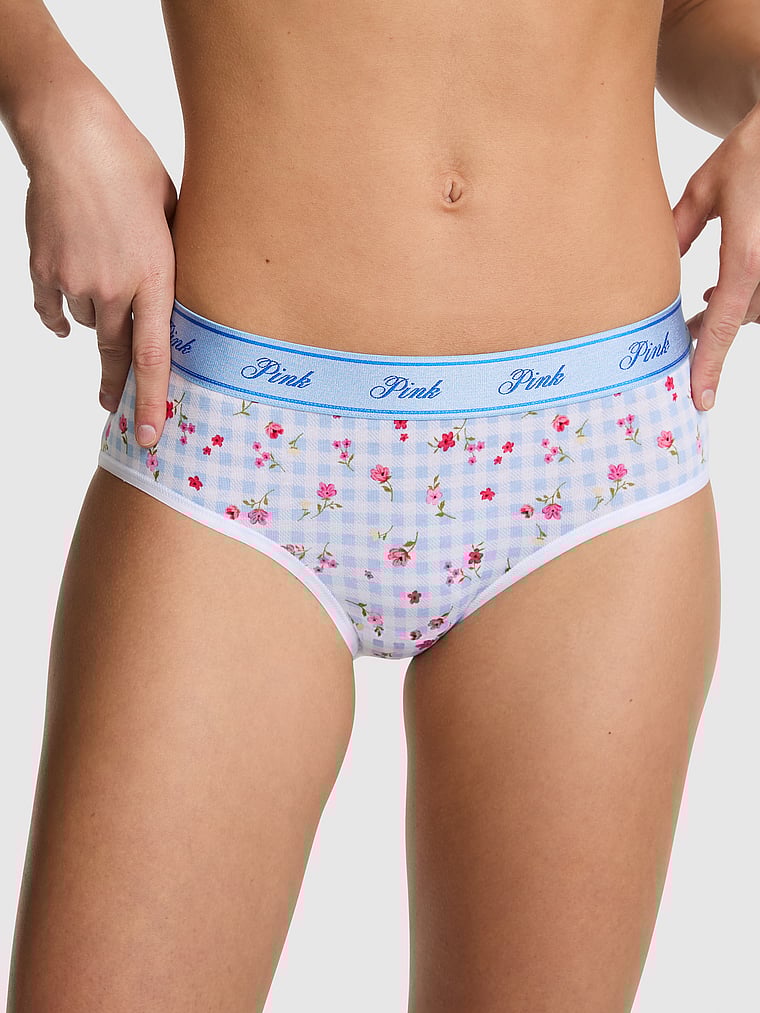 PINK Logo Cotton Hiphugger Panty, Blue Dancer Gingham Floral, onModelFront, 1 of 3 Ruby is 5'6" and wears Small