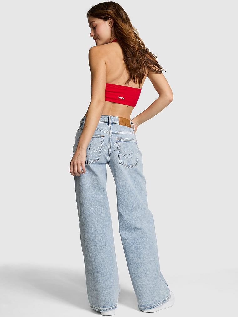 PINK Denim by PINK Mid-Rise Baggy Wide-Leg Jeans, Skyline Wash Love Pink Diamante, onModelBack, 2 of 4 Ruby is 5'6" and wears Small