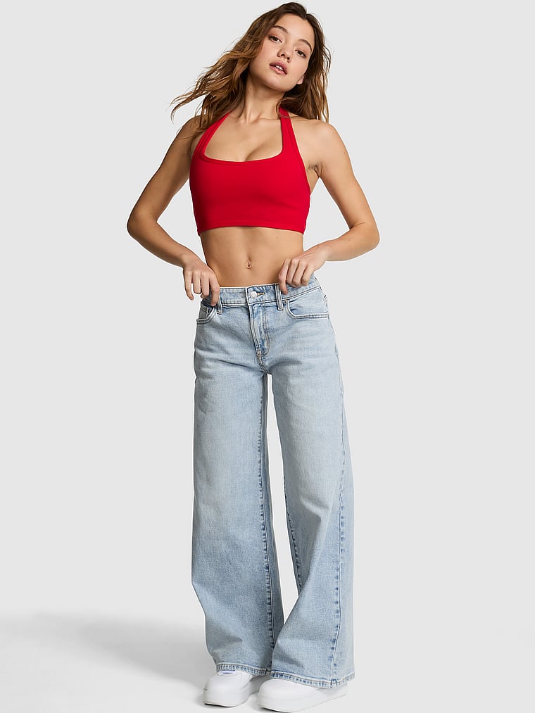 PINK Denim by PINK Mid-Rise Baggy Wide-Leg Jeans, Skyline Wash Love Pink Diamante, onModelFront, 1 of 4 Ruby is 5'6" and wears Small