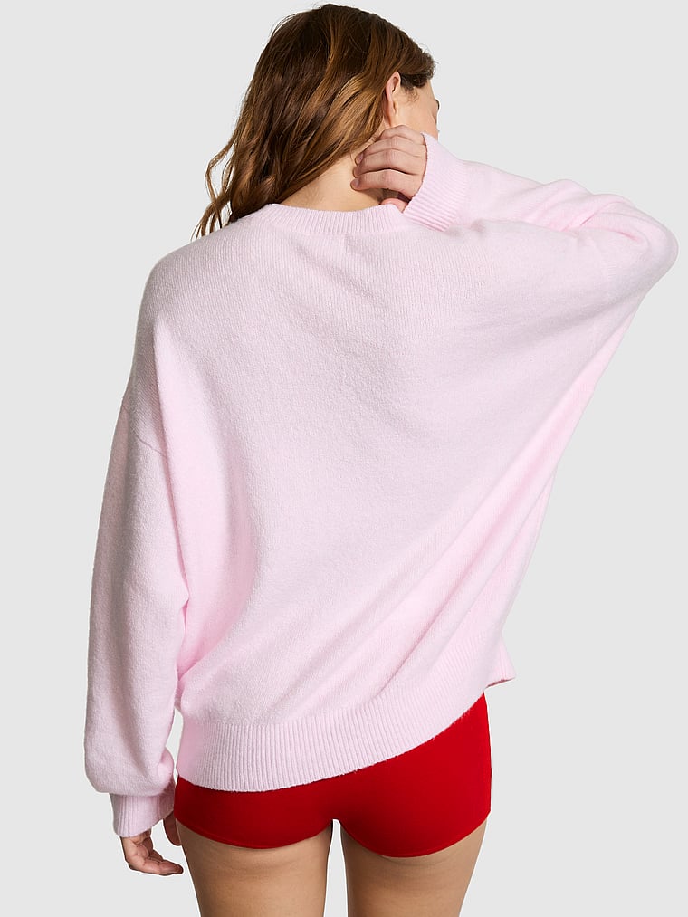 PINK Campus Knit Sweater, Pink Tulip Cherry V-Day, onModelBack, 1 of 4 Ruby is 5'6" or 168cm and wears Small