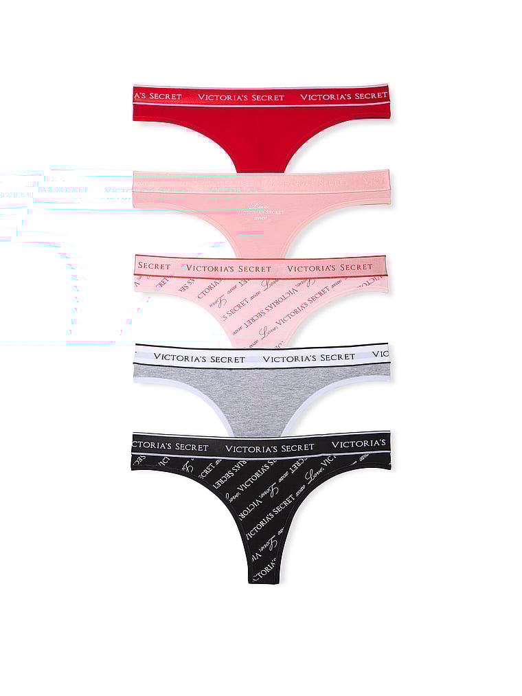 Victoria's Secret, Victoria's Secret 5-Pack Logo Cotton Thong Panties, Multi, offModelFront, 1 of 1