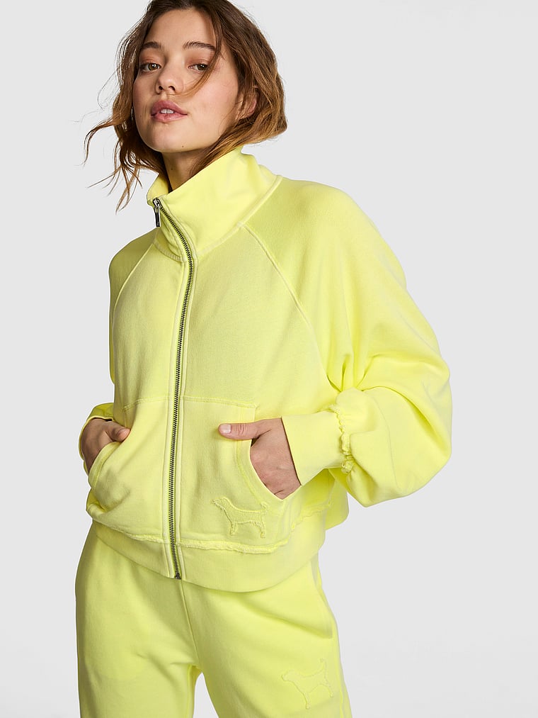 PINK Campus Terry™ Mock-Neck Full-Zip Sweatshirt, Lime Citron, onModelFront, 1 of 3 Ruby is 5'6" or 168cm and wears Small