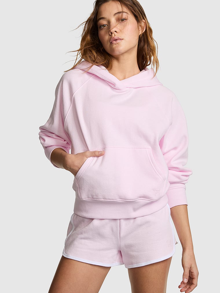 PINK Campus Fleece™ Shrunken Hoodie, Pink Tulip, onModelFront, 1 of 4 Ruby is 5'6" and wears Small