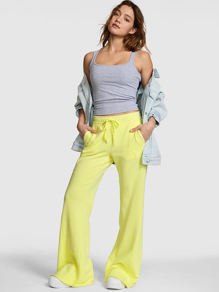PINK Campus Terry™ Flare Pants, Lime Citron, onModelFront, 1 of 4 Ruby is 5'6" or 168cm and wears Small