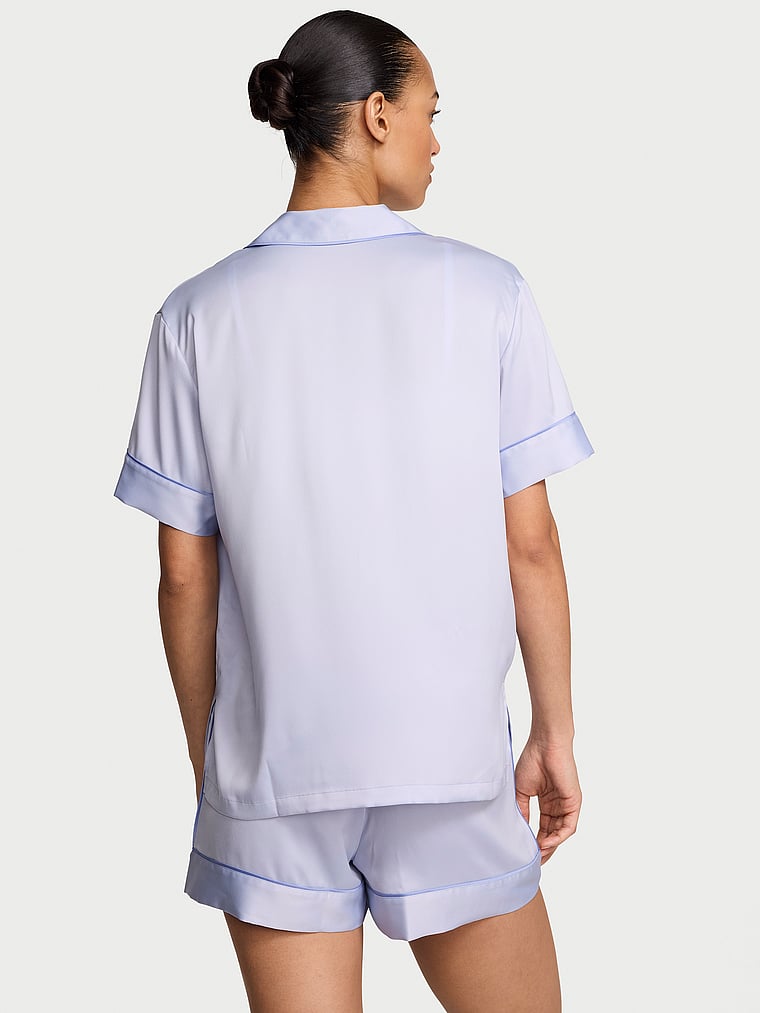 Victoria's Secret, Victoria's Secret Signature Satin Short Pajama Set, Icy Lavender, onModelBack, 2 of 4 Nikita  is 5'10" and wears S/Long