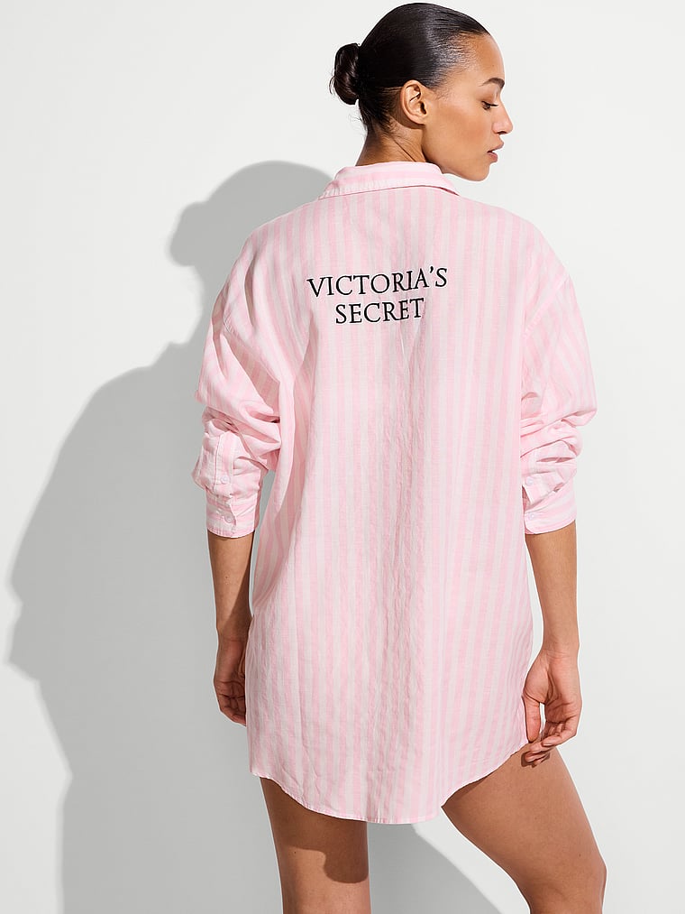 Victoria's Secret, Victoria's Secret Swim Heritage Stripe Linen Boyfriend Shirt Dress, Iconic Pink Stripes, onModelBack, 2 of 3 Tsheca is 5'9" or 175cm and wears 34B or Small