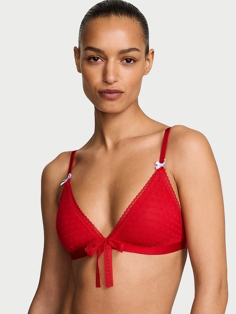 Victoria's Secret, Victoria's Secret Heart Lace Unlined Triangle Bralette, Lipstick, onModelFront, 1 of 3 Nikita  is 5'10" and wears 34B or Small