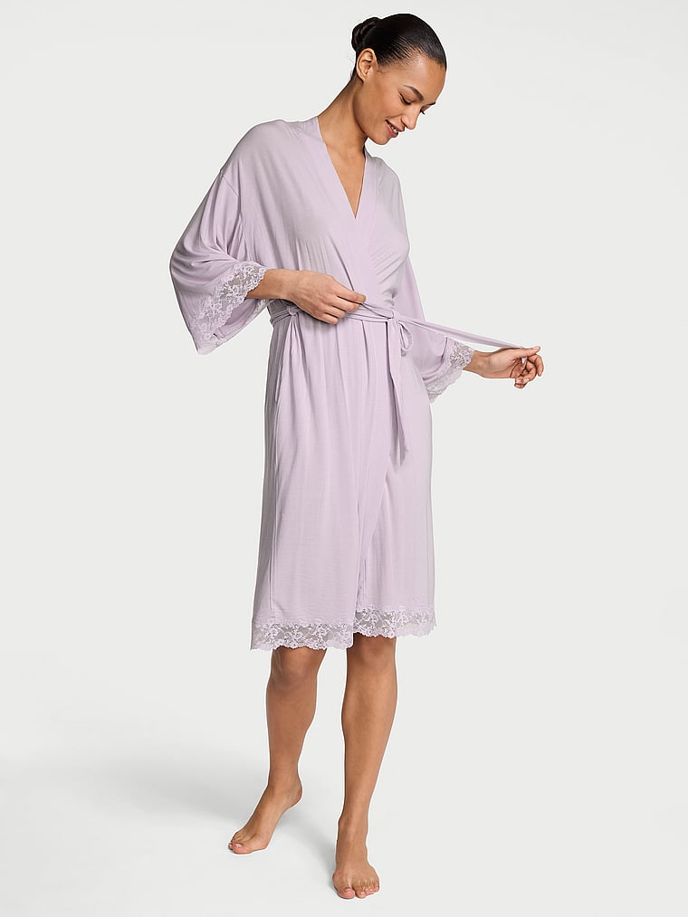 Victoria's Secret, Victoria's Secret SoSoft™ Modal Lace-Trim Robe, Crystal Lilac, onModelFront, 1 of 5 Nikita is 5'10" and wears Small
