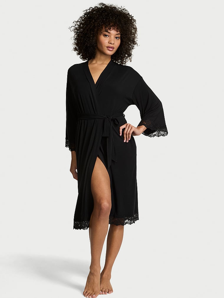 Victoria's Secret, Victoria's Secret SoSoft™ Modal Lace-Trim Robe, Black, onModelFront, 1 of 4