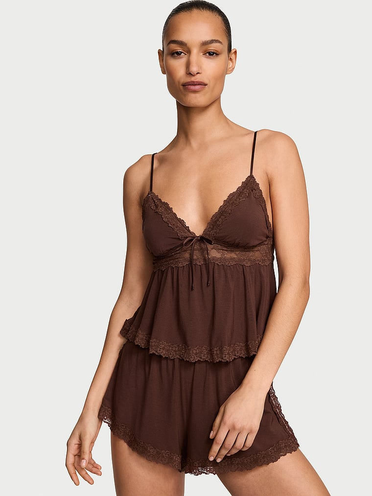Victoria's Secret, Victoria's Secret SoSoft™ Modal Lace-Trim Cami & Shorts Set, Ganache, onModelFront, 1 of 4 Nikita  is 5'10" and wears Small
