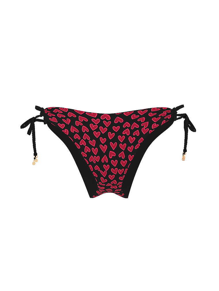 Victoria's Secret, Victoria's Secret Swim Twist Rope Itsy Tie-Side Bikini Bottom, Black & Red Hearts, offModelFront, 4 of 4