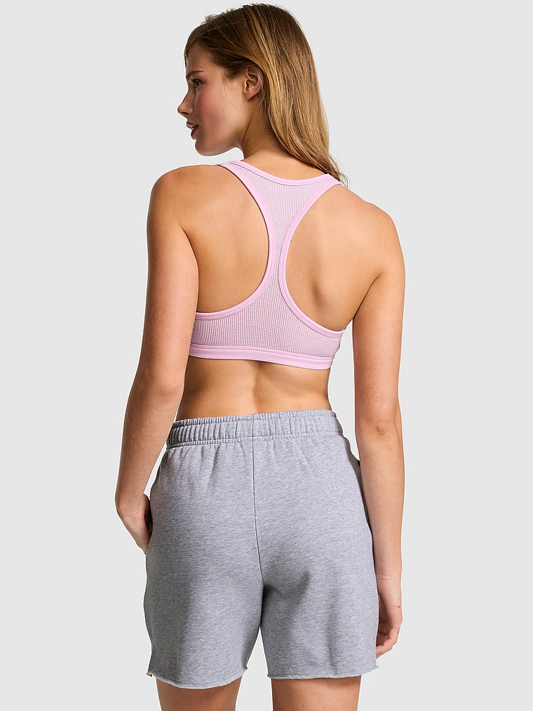 PINK Campus Fleece™ Shorts, Medium Heather Grey Spring, onModelBack, 2 of 3 Mari is 5'7" or 170cm and wears Small