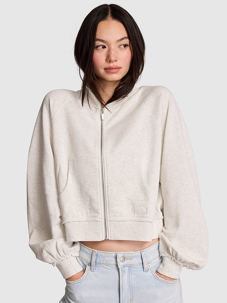 PINK Campus Terry™ Mock-Neck Full-Zip Sweatshirt, Snow Heather, onModelSide, 3 of 4