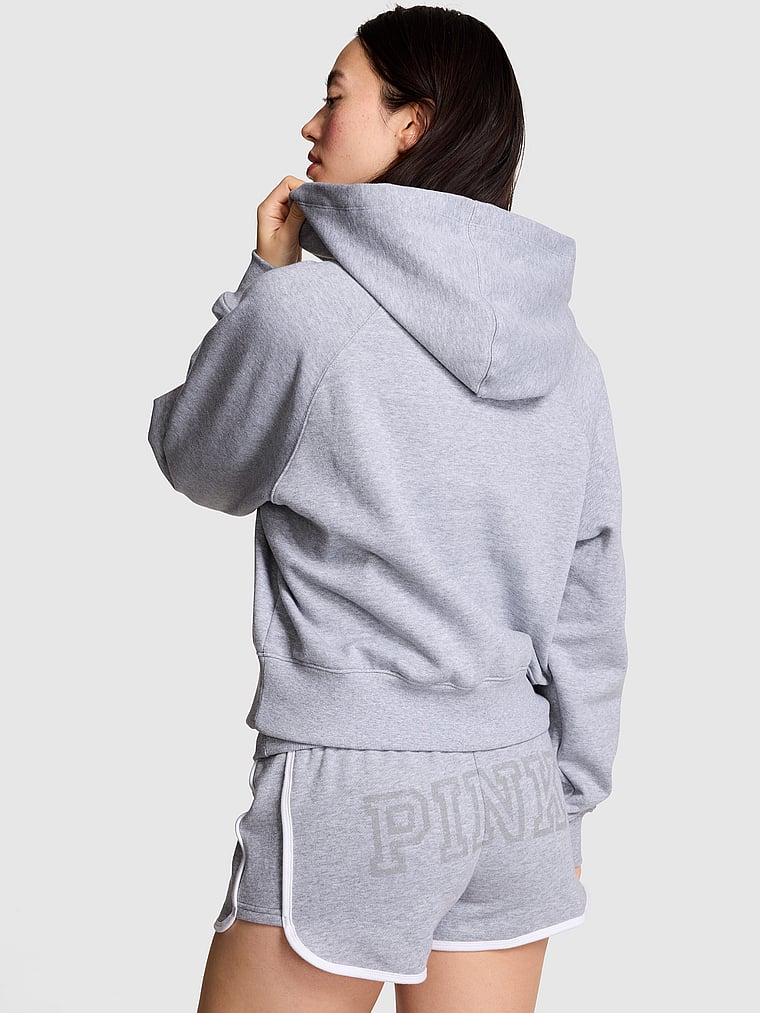 PINK Campus Fleece™ Shrunken Hoodie, Medium Heather Grey, onModelBack, 2 of 3