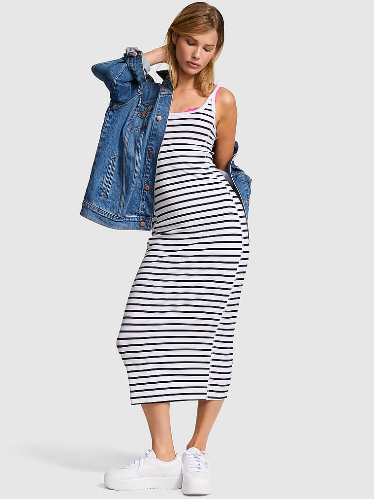 PINK All-Day Soft Rib High-Neck Midi Dress, Navy & White Stripe, onModelSide, 3 of 3
