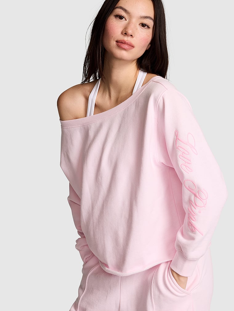 PINK Campus Fleece™ Rib Off-The-Shoulder Sweatshirt, Pink Tulip Spring, onModelFront, 1 of 3