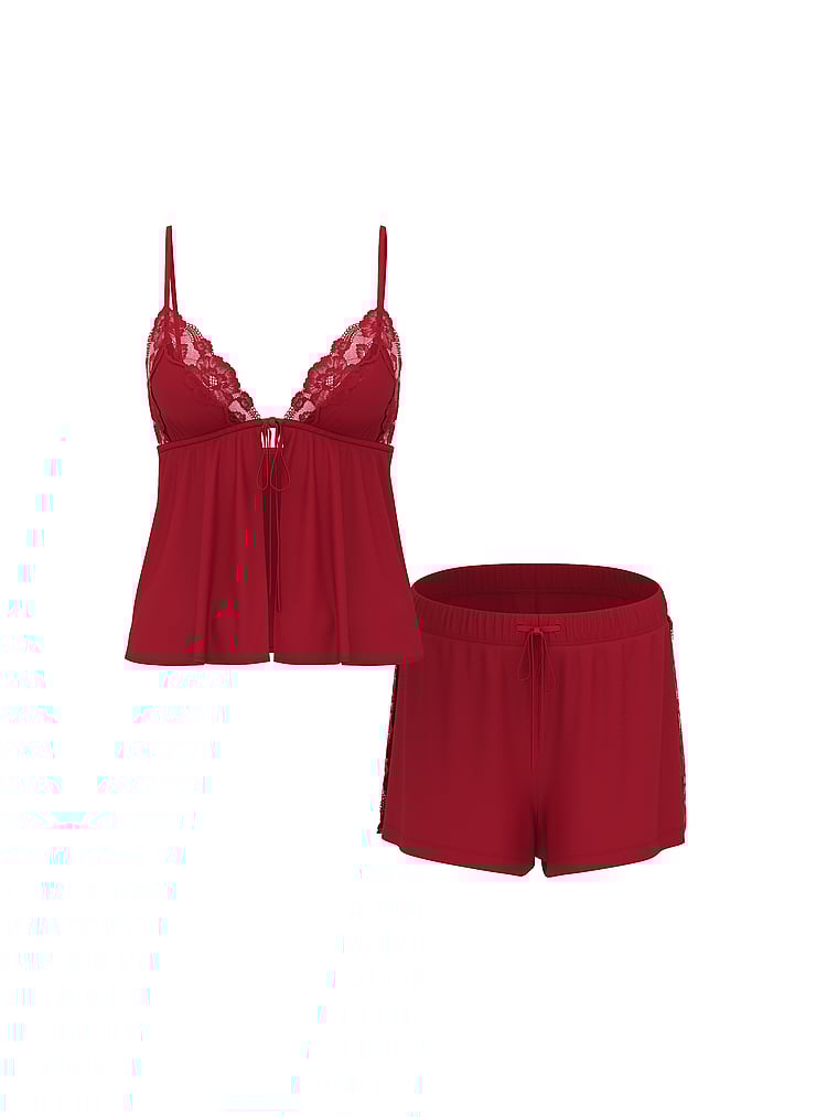 Victoria's Secret, Victoria's Secret Modal Soft Lace-Trim Flyaway Cami Set, Red Lacquer, offModelFront, 3 of 3