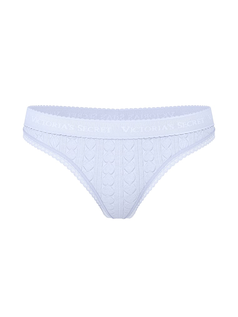 Victoria's Secret, Cotton Logo Heart Pointelle Thong Panty, Soft Iris, offModelFront, 3 of 3
