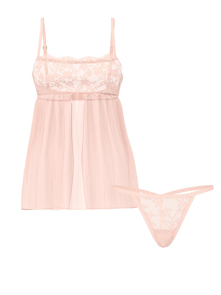 Victoria's Secret, Dream Angels Dare to Dream Lace Pleated Babydoll Set, Purest Pink, offModelFront, 3 of 3