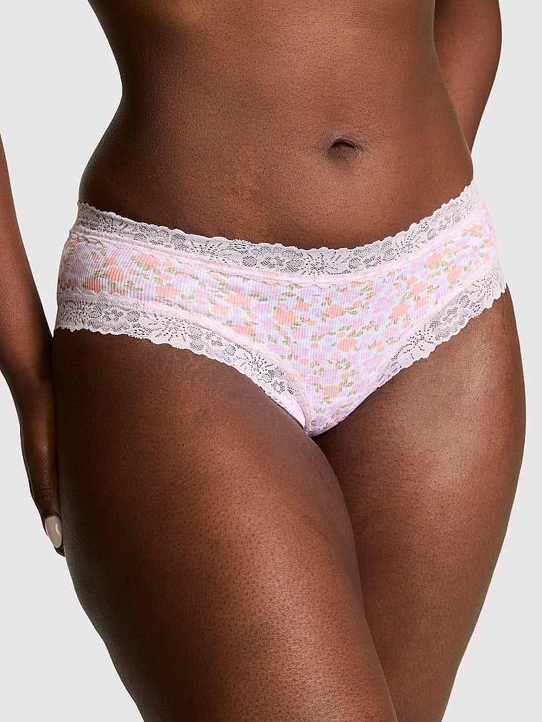 PINK PINK Wink™ Lace-Trim Cheeky Panty, Petite Lilac Floral, onModelFront, 1 of 3 Fanta is 5'11" and wears Large